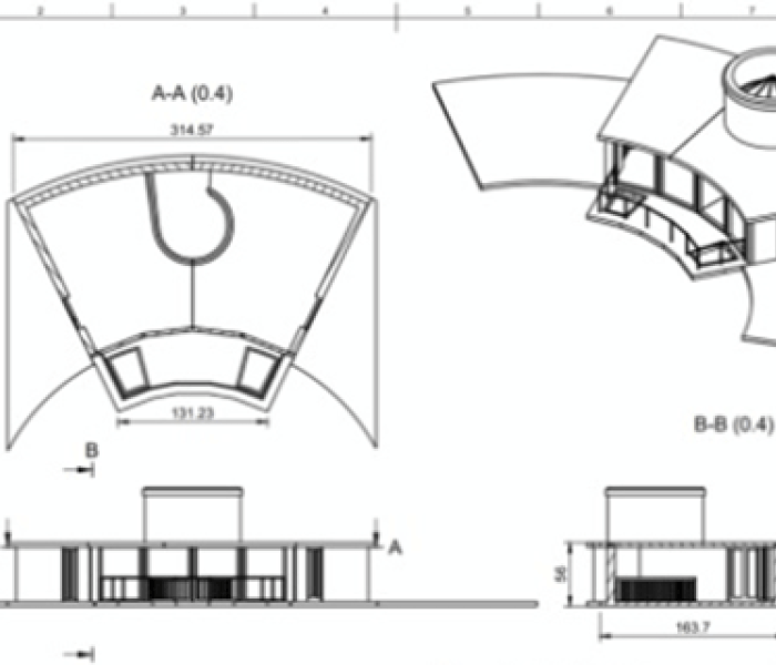 An architects sketch on a two story building which is shaped in a semi circle.