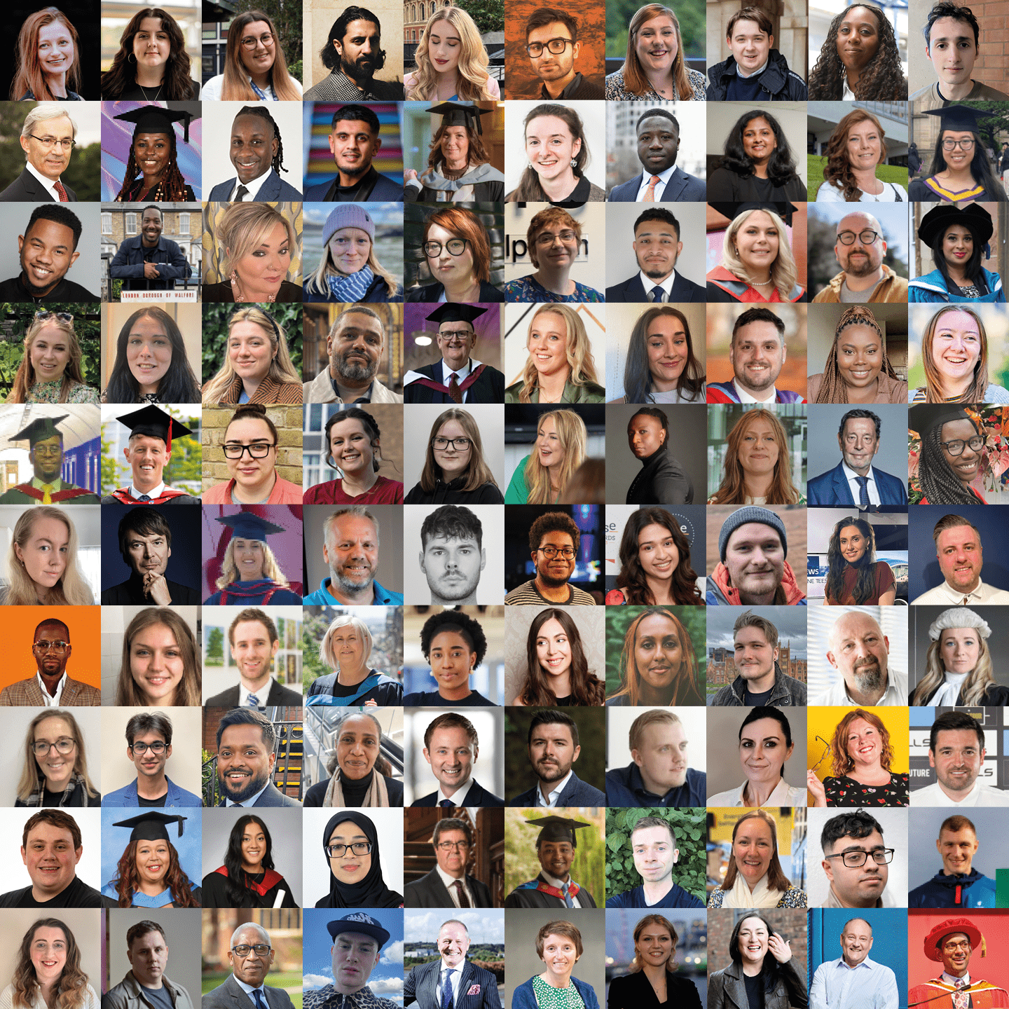 Collage showing the 100 faces of the campaign in rows of 10