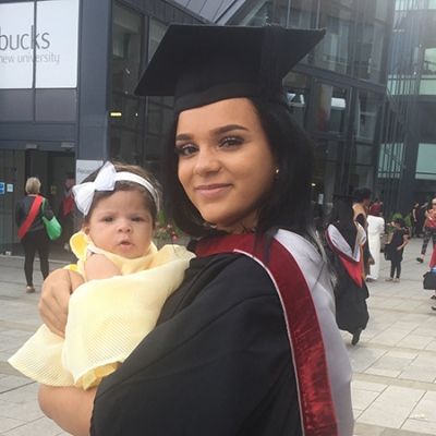 Sinead Morris outside High Wycombe campus with her baby